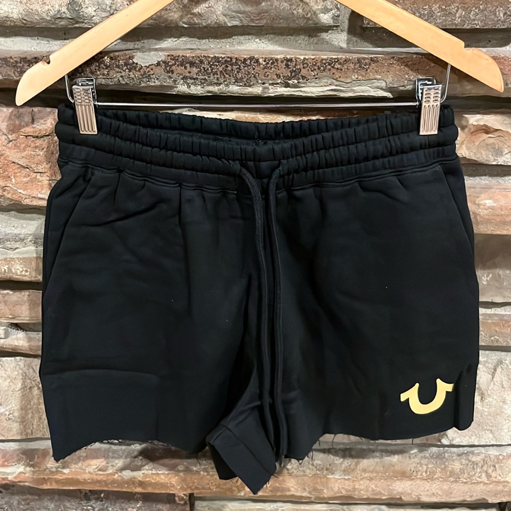 True Religion Gold Foil Logo Jet Black Cutoff Fleece Shorts